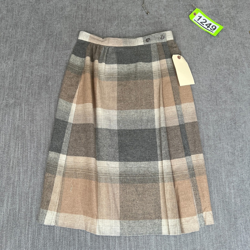 Vintage Womens A-Line Skirt 11-12 Brown Gray Check Pleated Office Career Classic